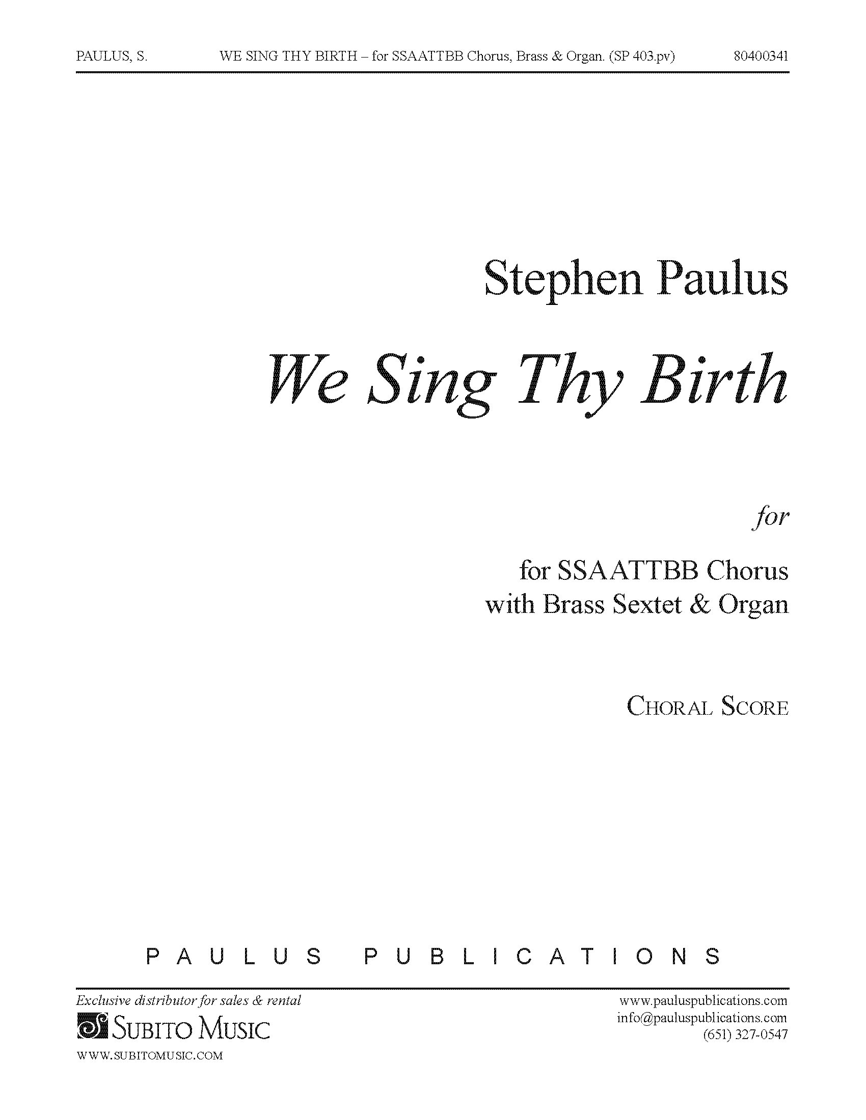 We Sing Thy Birth - Choral Score for SSAATTBB Chorus, 2 Trumpets, Horn, 2 Trombones, Tuba & Organ